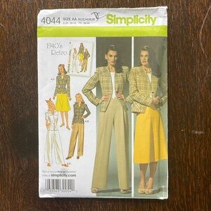 Simplicity 4044 sewing pattern, 1940's Retro skirt, pants, lined jacket, uncut